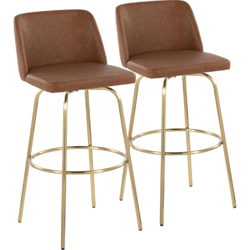 Toriano 30" Swivel Bar Stool in Camel Leatherette & Gold with Round Footrest (Set of 2)